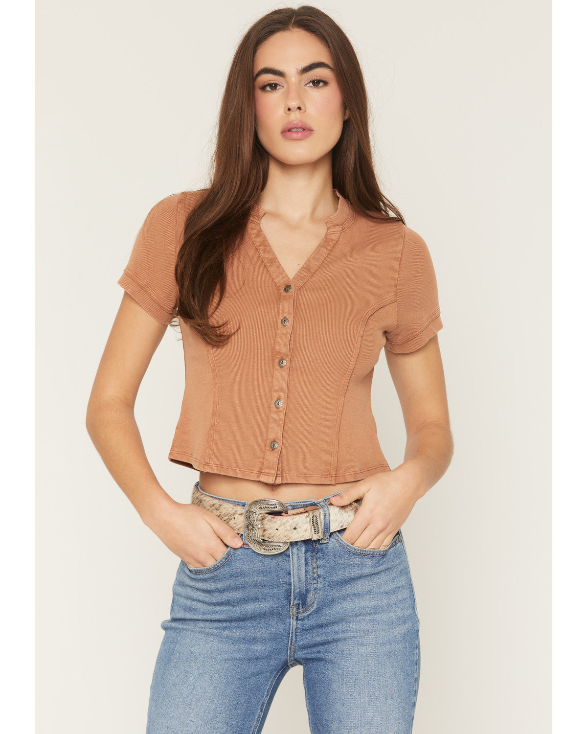 NWT IDYLLWIND WOMEN\'S DOUBLE DOWN WESTERN BROWN COW BELT - XS Metallic Etched Western Belt main image 4