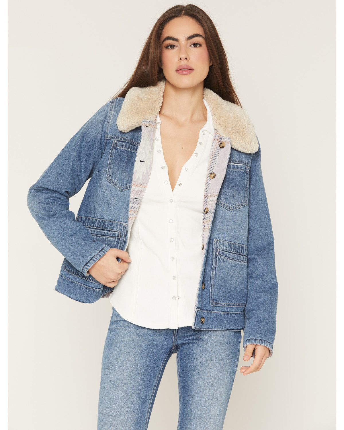 Medium Wash Reversible Sherpa Blanket Denim Jacket