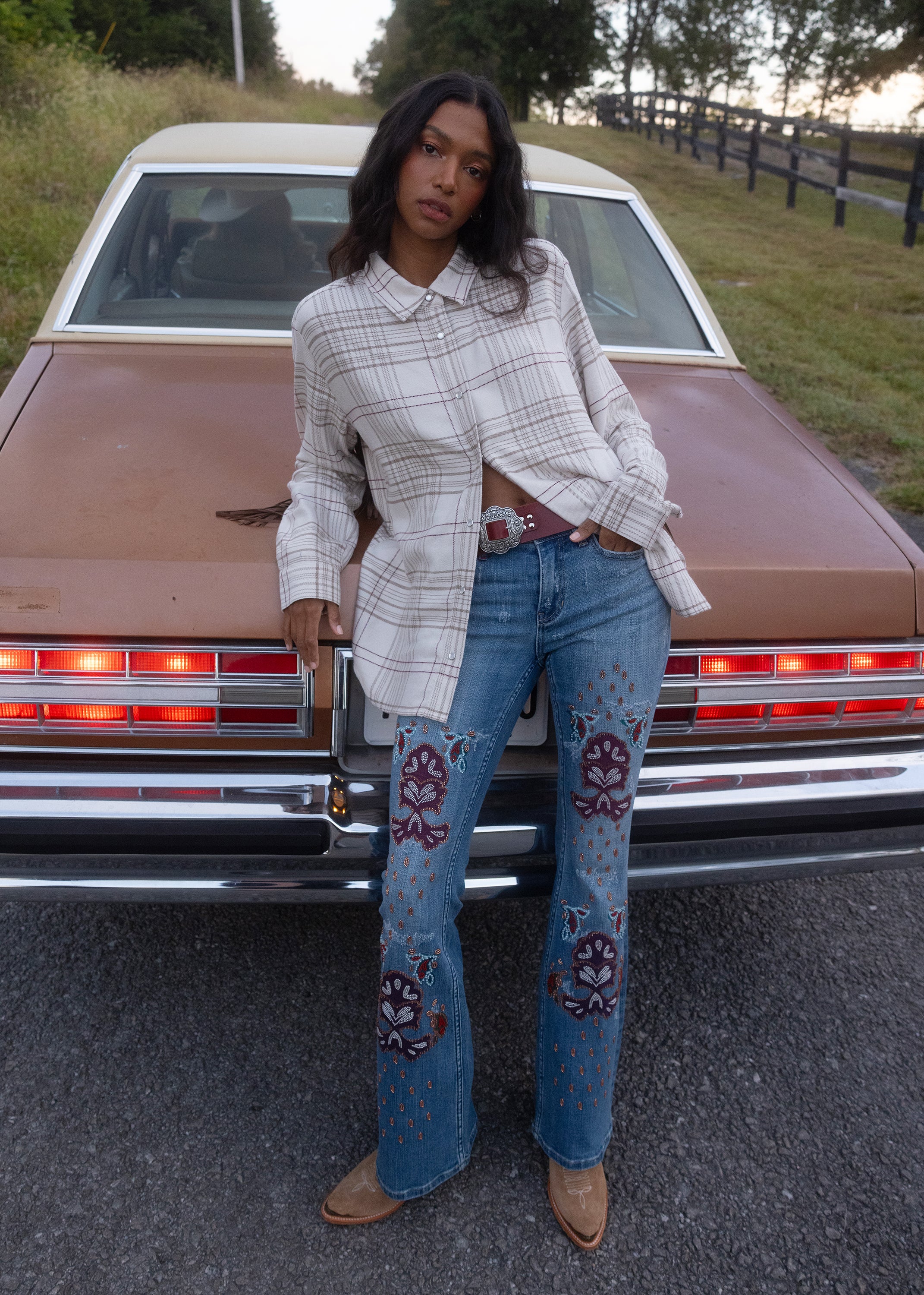 Briley Medium Wash Mid Rise Embellished Stretch Bootcut Jeans