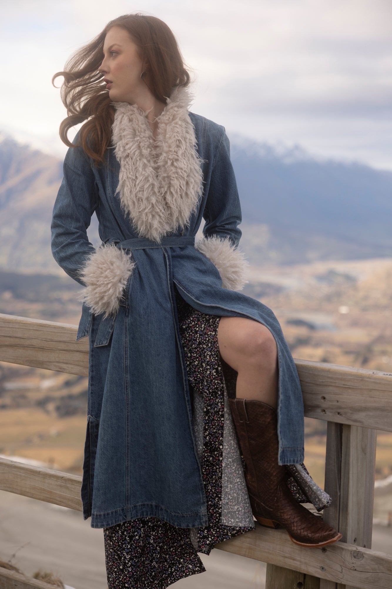 Thistle Long Denim Fur Collar Trench Coat