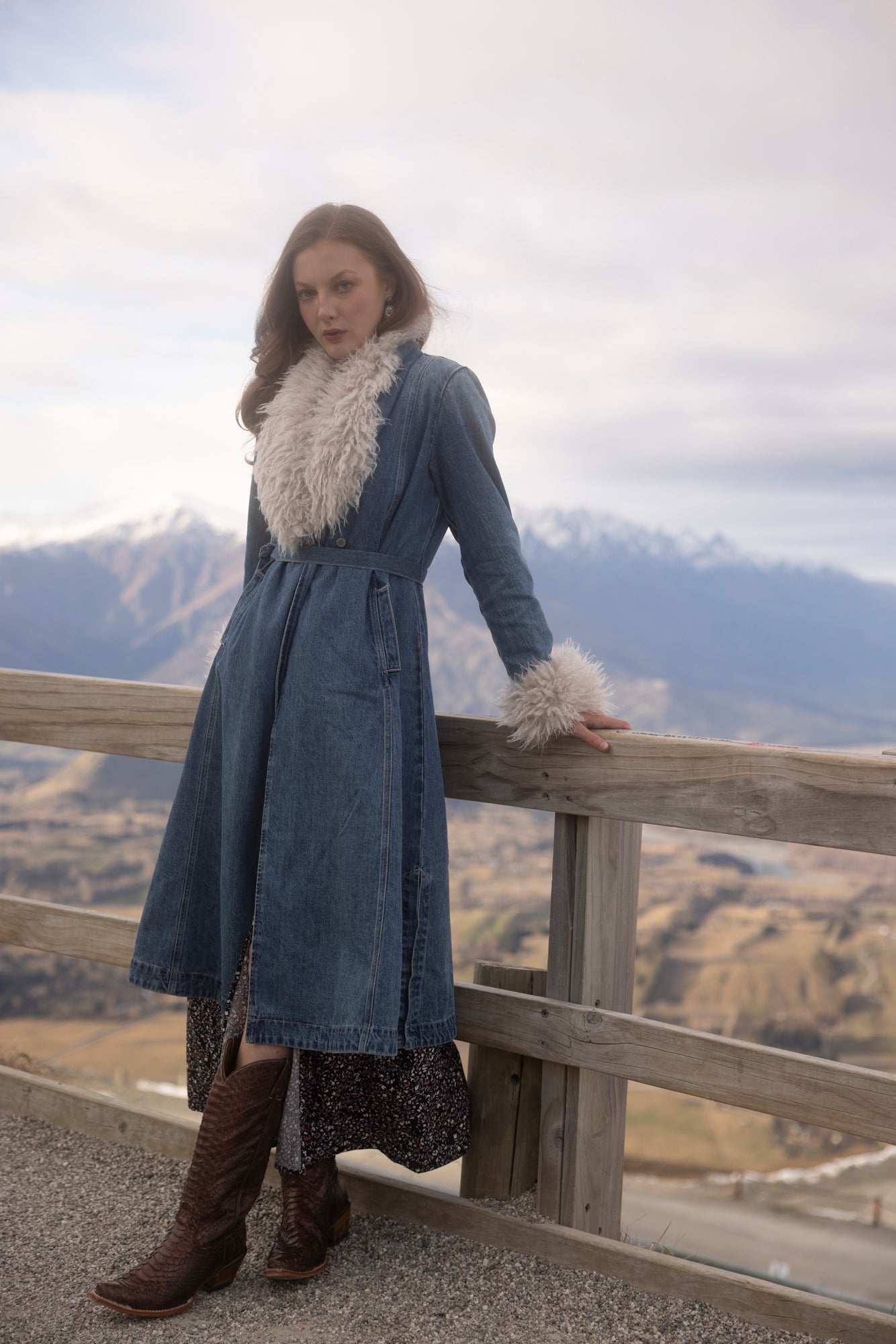 Thistle Long Denim Fur Collar Trench Coat