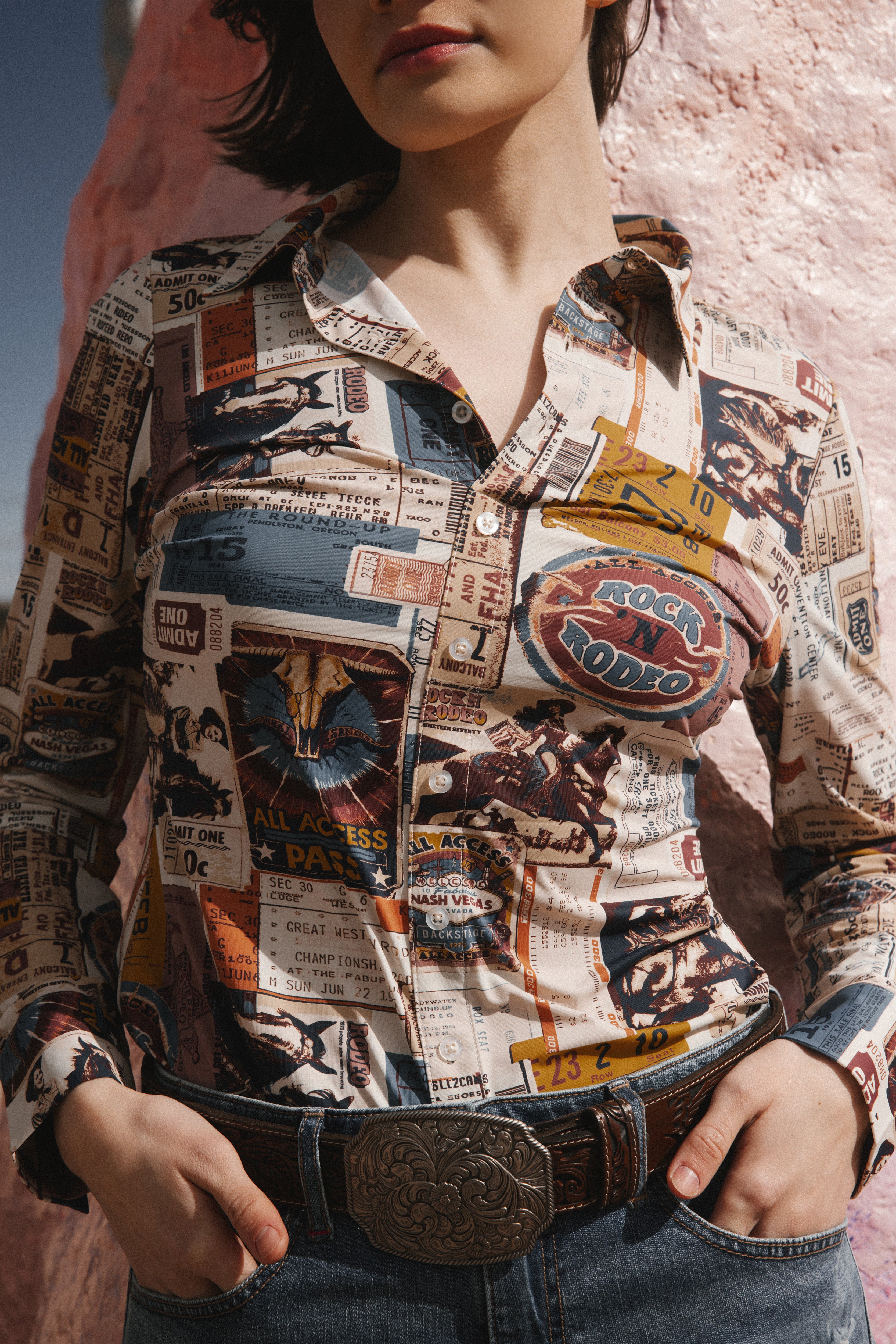 Western Postcard Print Long Sleeve Stretch Riding Shirt