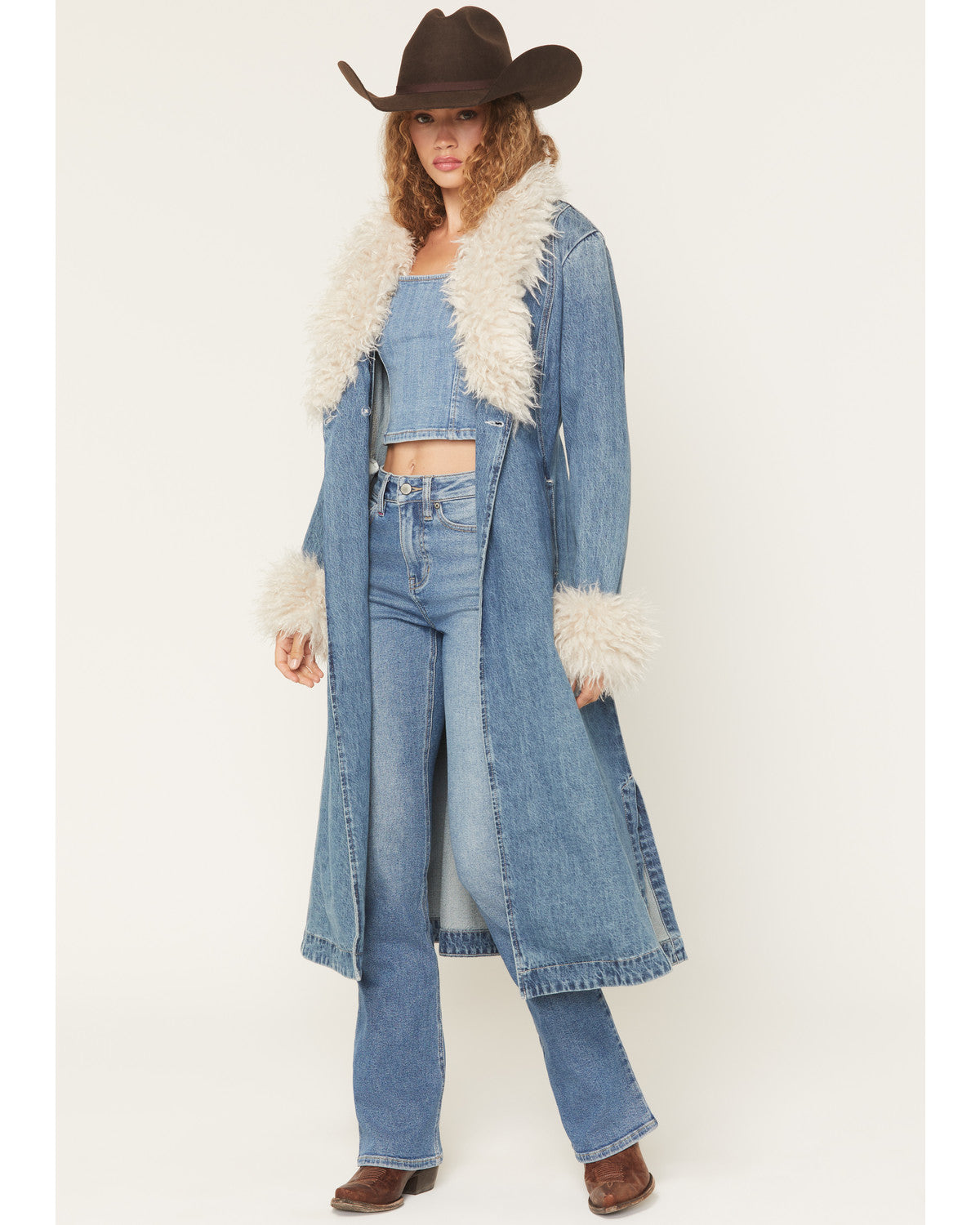 Thistle Long Denim Fur Collar Trench Coat