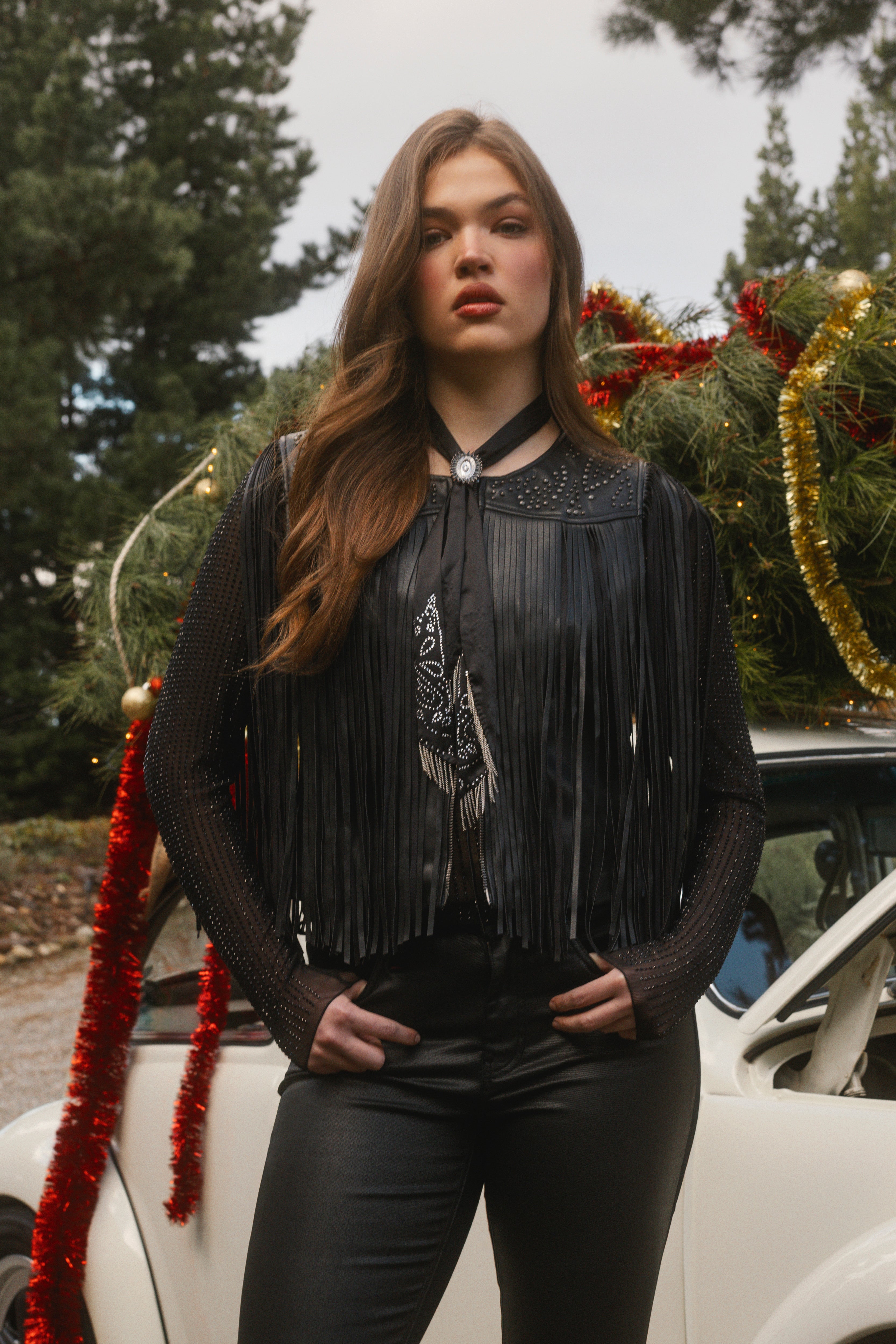Arlene Studded and Fringe Faux Leather Vest