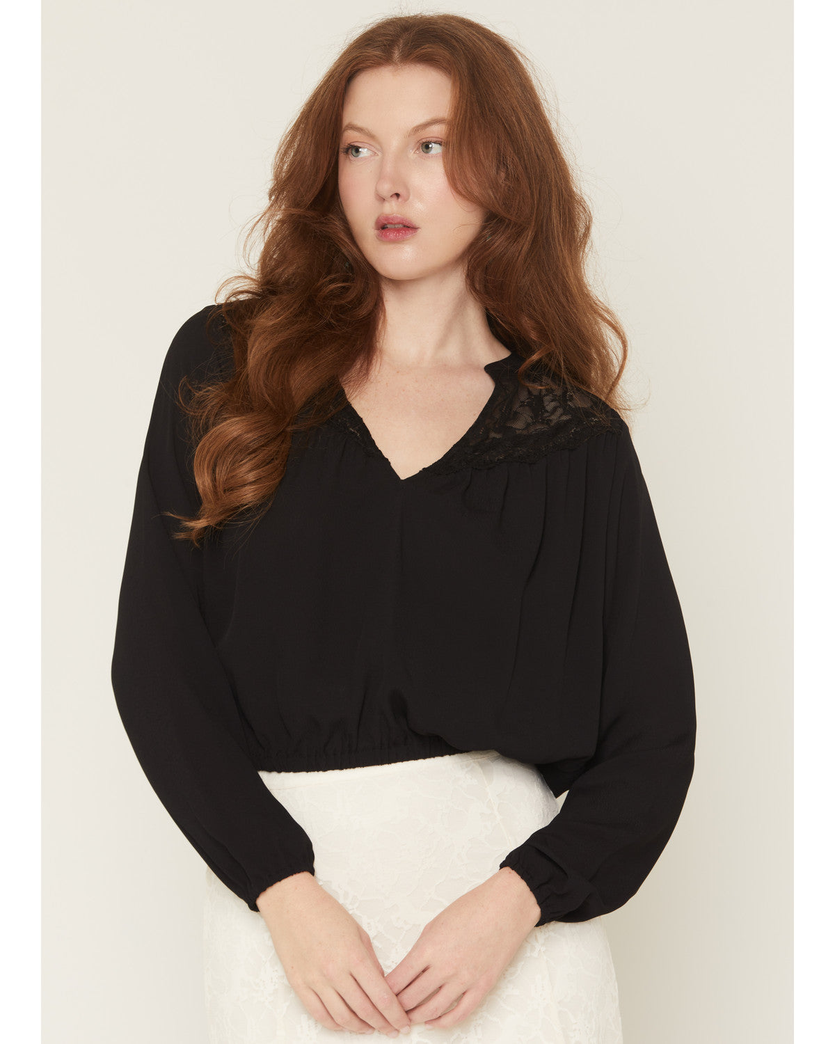トップス RIB LACE TOPS INNERCHILD Wren Lace Trim Long Sleeve Georgette Top