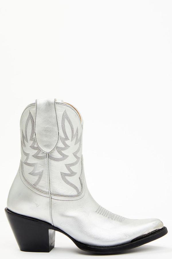Wheels Silver Leather Western Booties - Round Toe - Silver
