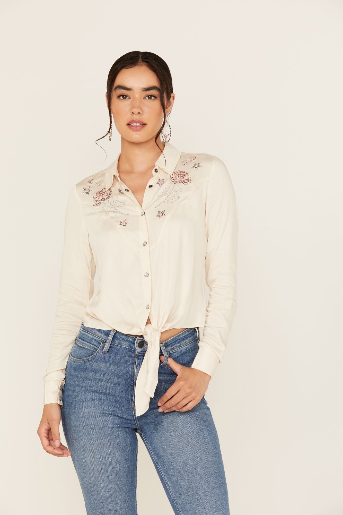 Jessamin Embellished Long Sleeve Tie-Front Snap Western Shirt