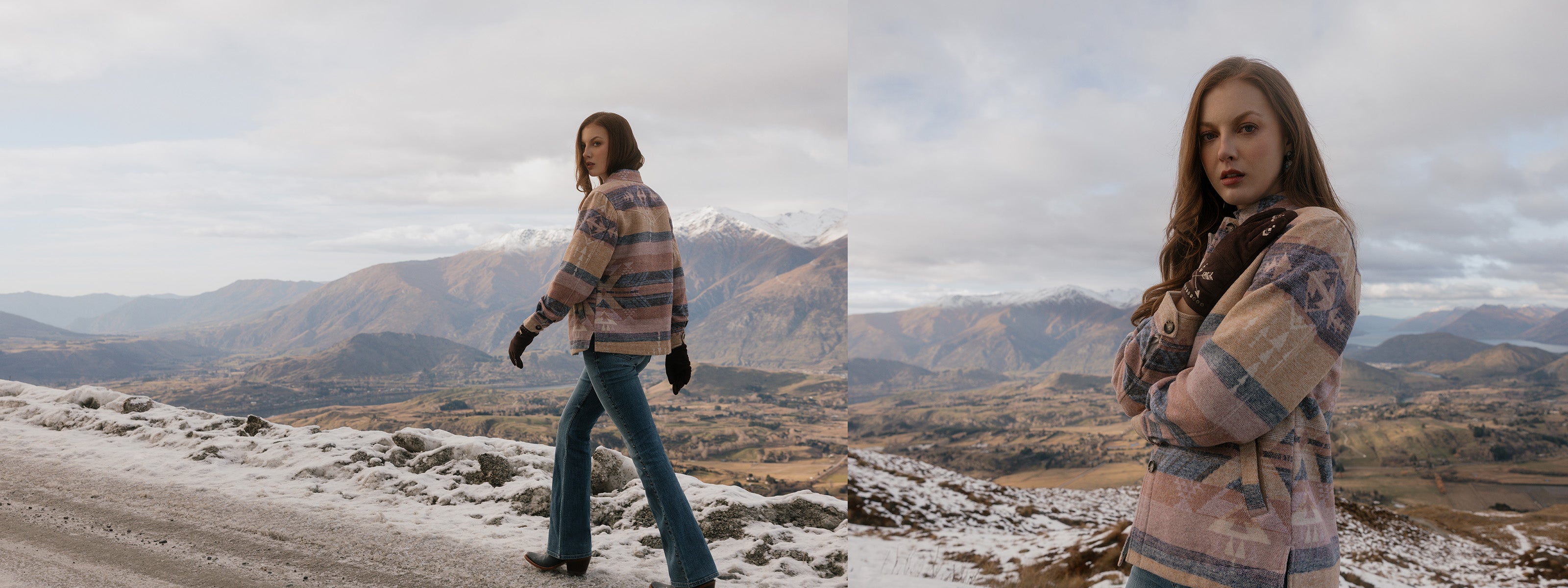 Woman walking on a snowy road with mountains in the background