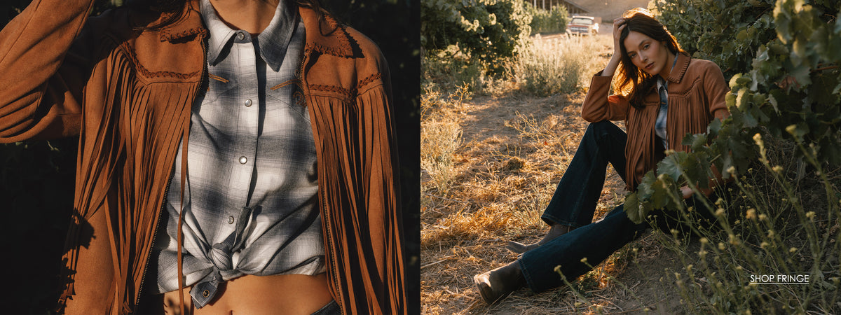 women in fringe jacket