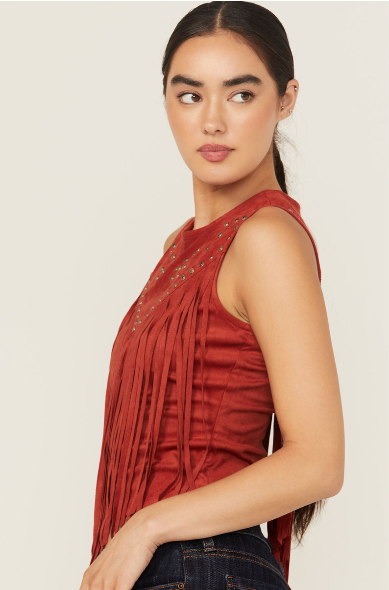 Wylie Studded Fringe Faux Suede Sleeveless Shirt