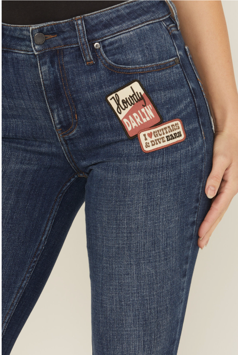 Ellwood Dark Wash High Rise Patch Bootcut Super Stretch Denim Jeans