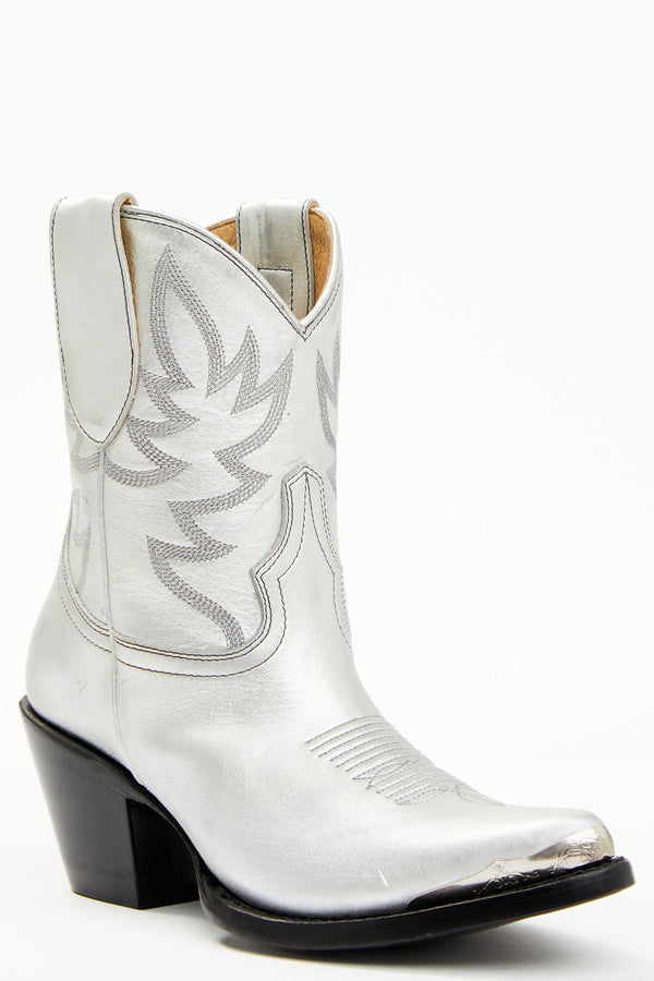 Wheels Silver Leather Western Booties - Round Toe - Silver