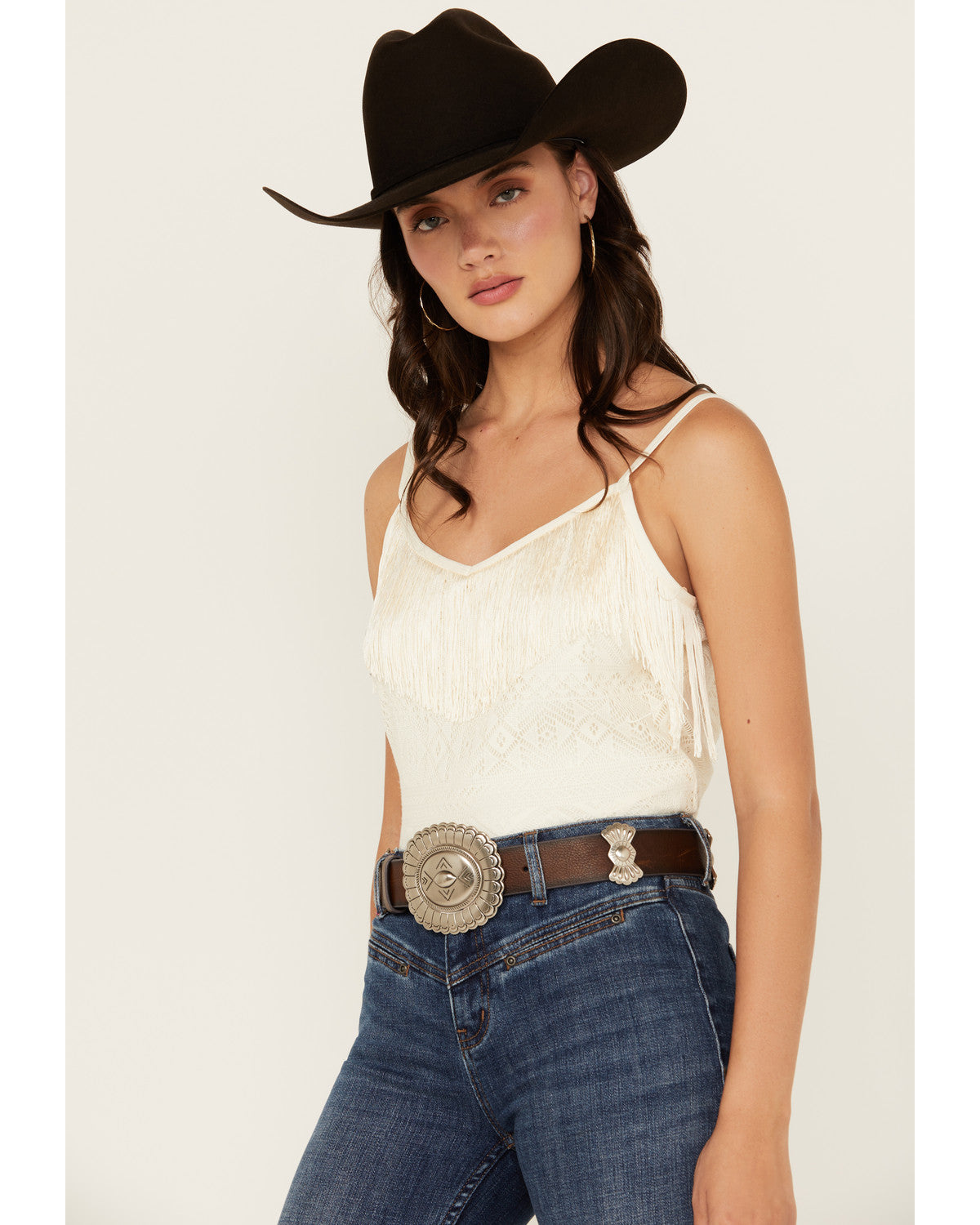 Idyllwind Calf Hair and Leather Trim Black and Brown Belt Roped Edge Conchos NWT Festival Fringe Hair-On Star Concho Belt main image 3