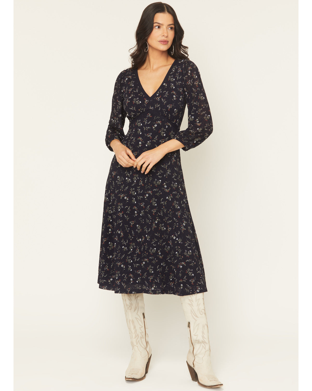 knee length dresses for ladies Idyllwind Women's Partner Ditsy Floral Print Long Sleeve Midi Dress