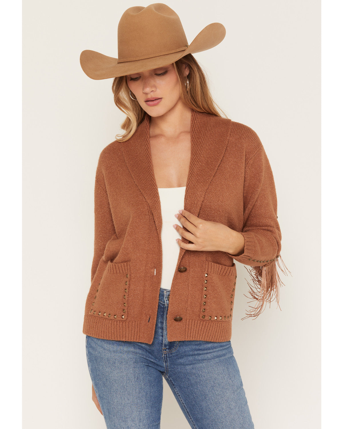 Hicks Studded Fringe Button-Down Midi Cardigan