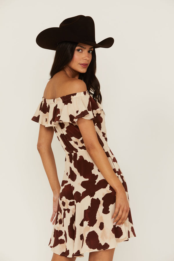 Made For This Off-Shoulder Cow Print Dress - Tan