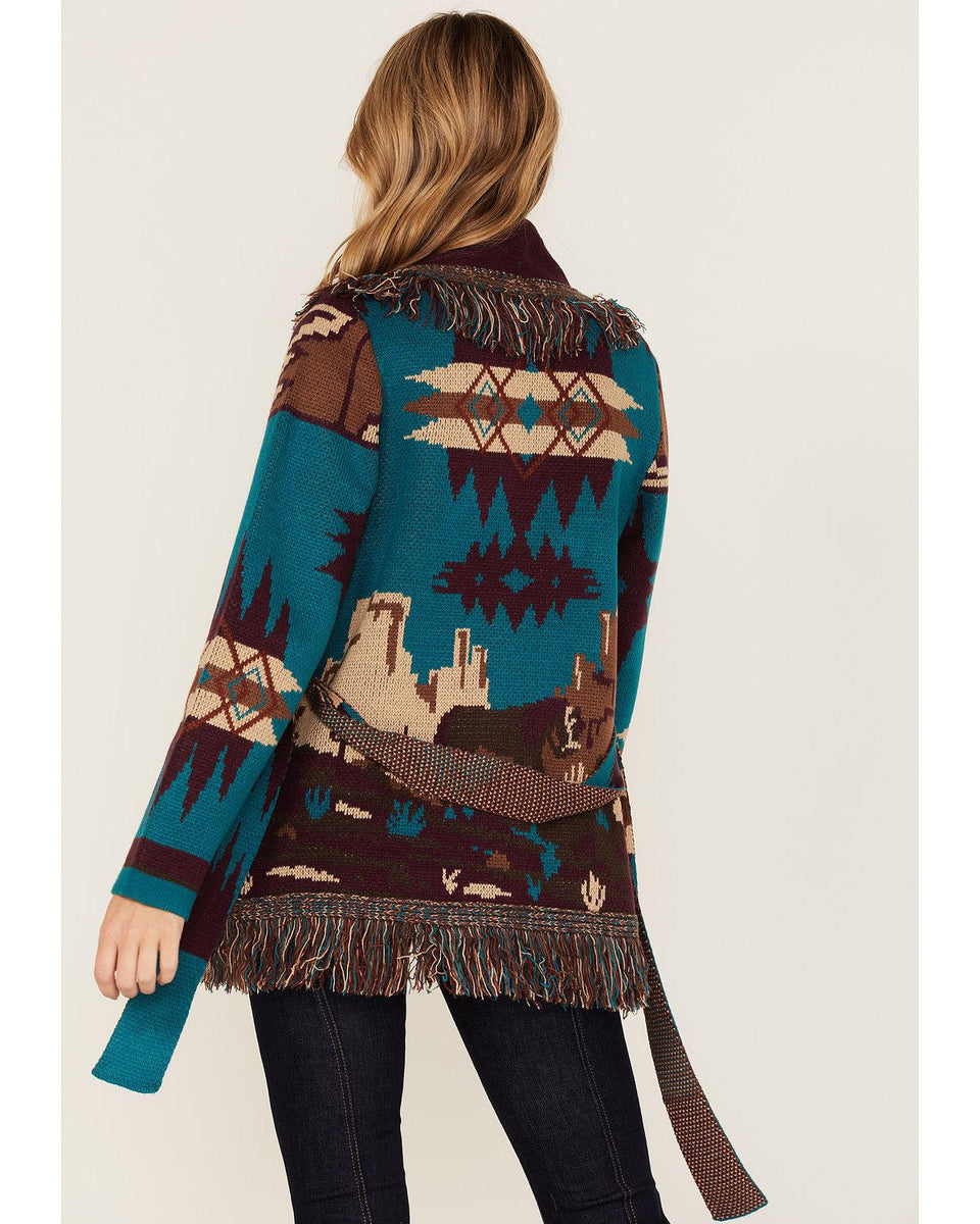 River Run Southwestern Print Belted Cardigan Sweater