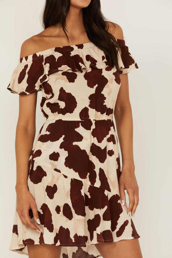 Made For This Off-Shoulder Cow Print Dress - Tan