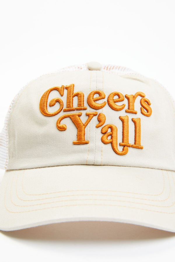 Cheers Ya'll Embroidered Mesh-Back Baseball Hat - Beige/khaki