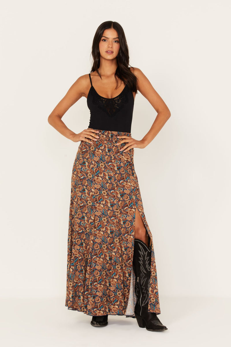 Tiered Metallic Maxi Skirt - Rust, Paisley Whirl