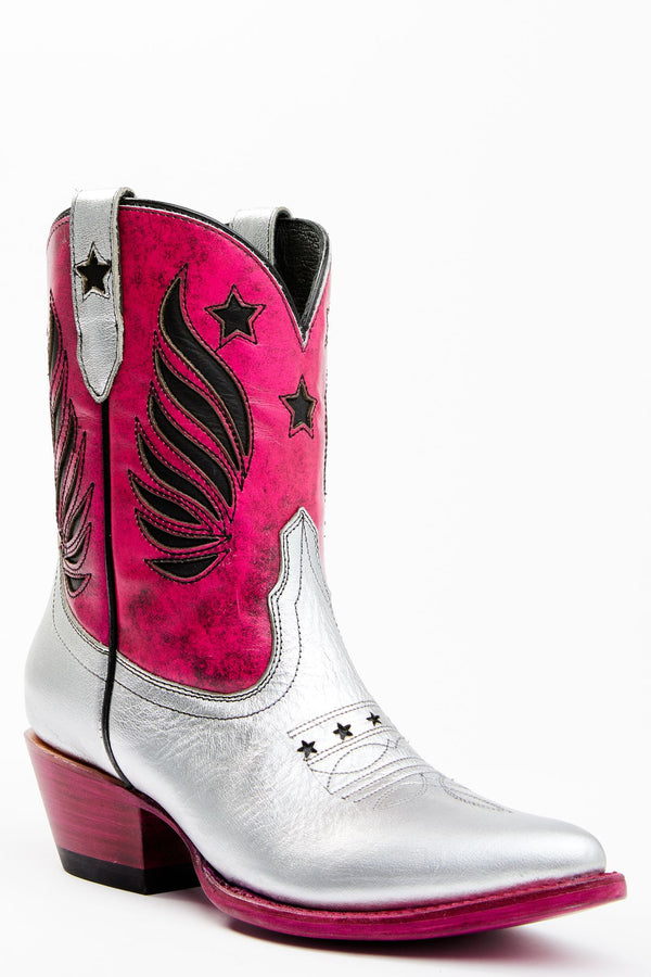 Metallic Star Inlay Roadie Western Booties - Round Toe - Pink