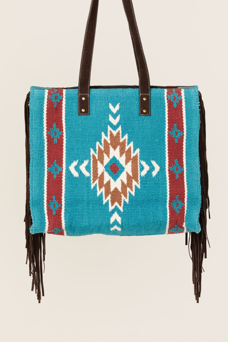 Woven Cotton Checkered Tote Bag with Top Fringe Detail and C (783646)