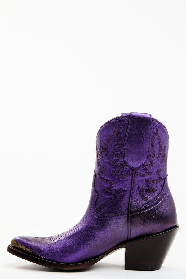 Wheels Metallic Violet Leather Booties - Round Toe - Purple
