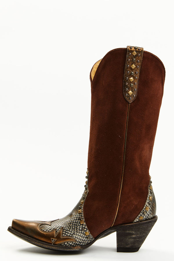 Leap Snake Suede Leather Western Boots - Snip Toe - Brown