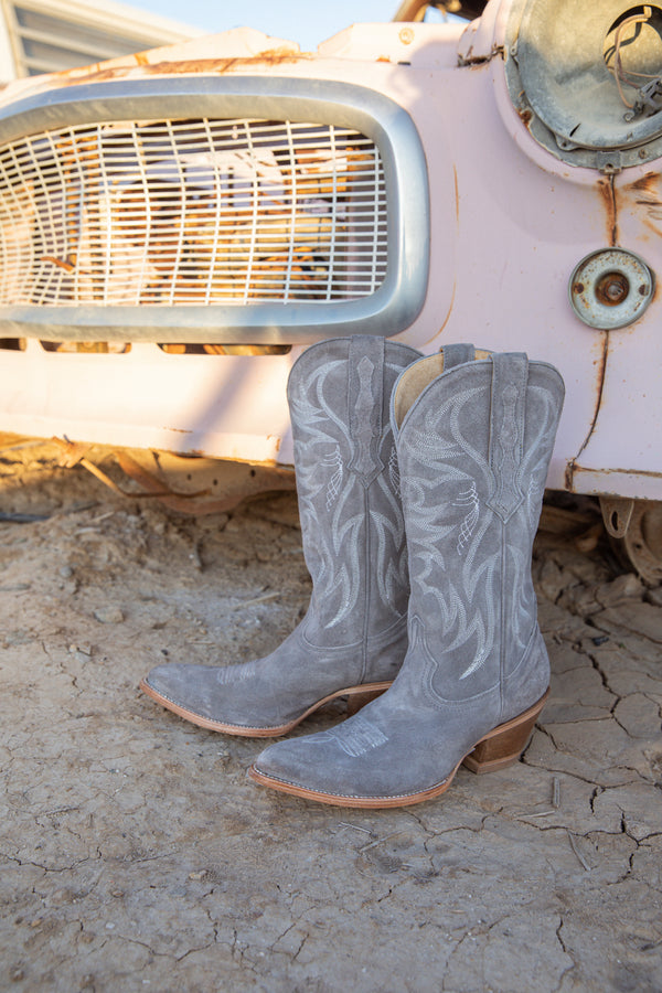 Charmed Life Grey Suede Western Boots - Round Toe