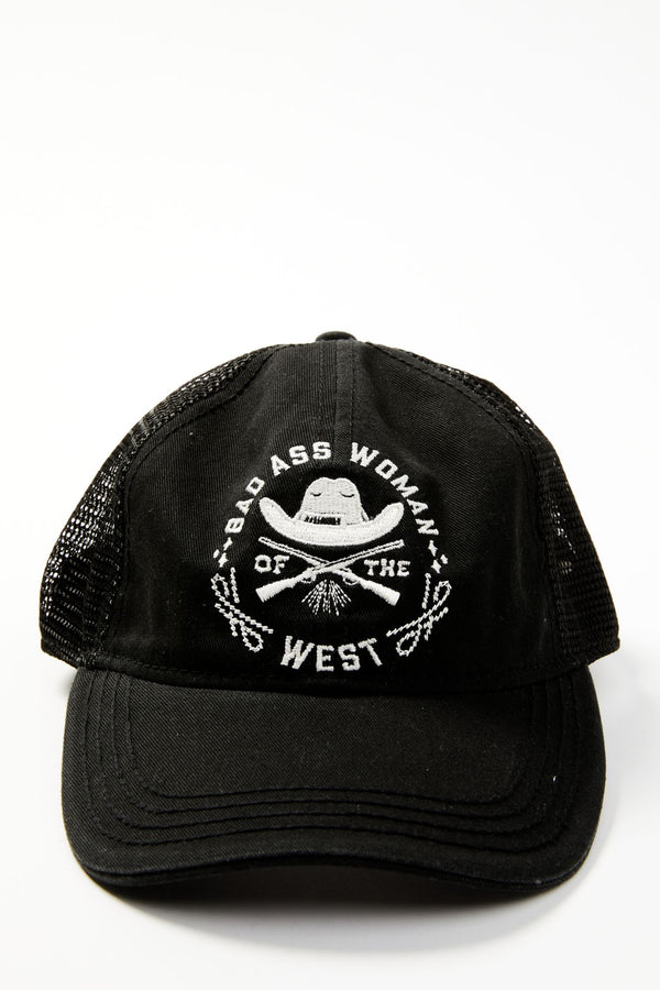 Bad Ass Woman Embroidered Mesh Back Baseball Hat - Black