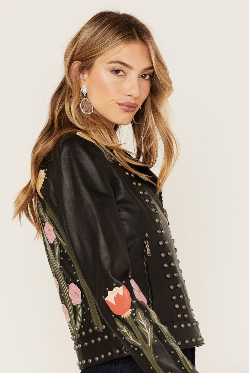 Leather Moto Jacket with Floral Embroidery