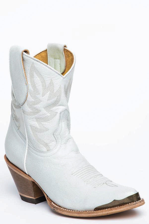 Wheels White Leather Western Booties Round Toe