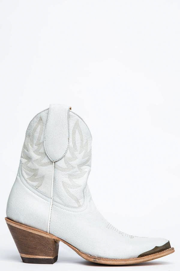 Wheels White Leather Western Booties - Round Toe