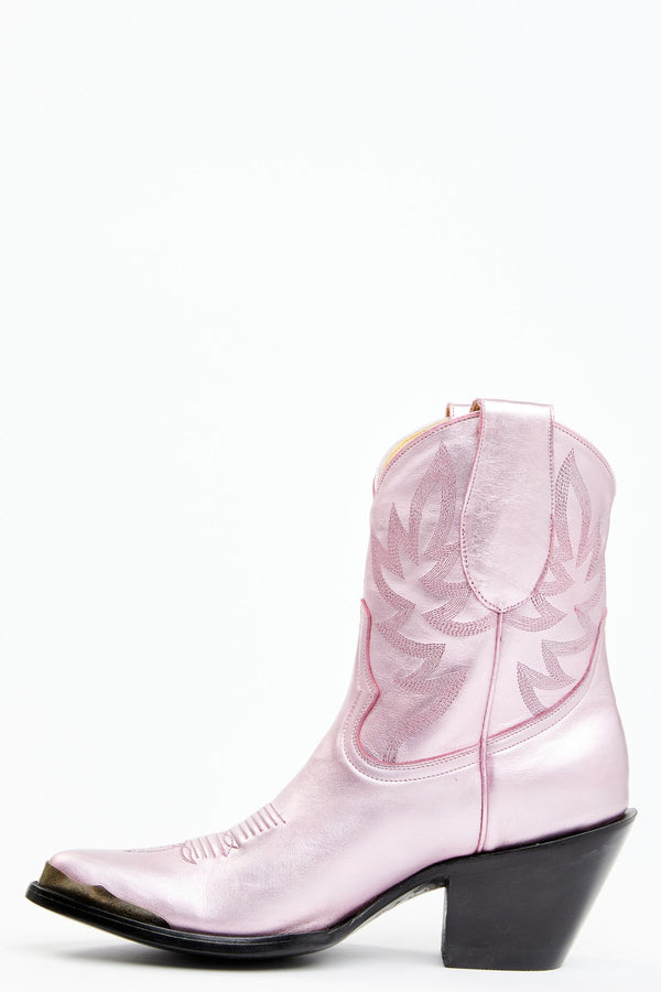 Tickled Metallic Pink Leather Fashion Western Booties - Round Toe - Pink