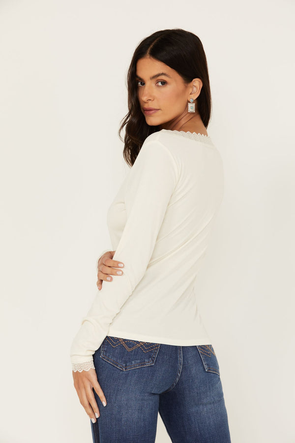 Taft Lace Insert Henley Top - Ivory