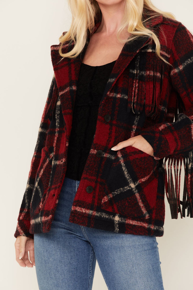 Loudon Plaid Print Fringe Shacket Jacket