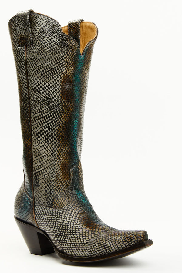 Strut Snake Print Leather Western Boots - Snip Toe - Multi