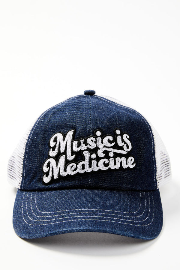 Music Is Medicine Embroidered Mesh Back Ball Cap - Dark Blue