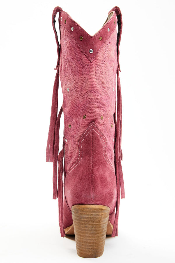 Sashay Fringe Studded Leather Western Boots - Round Toe - Pink