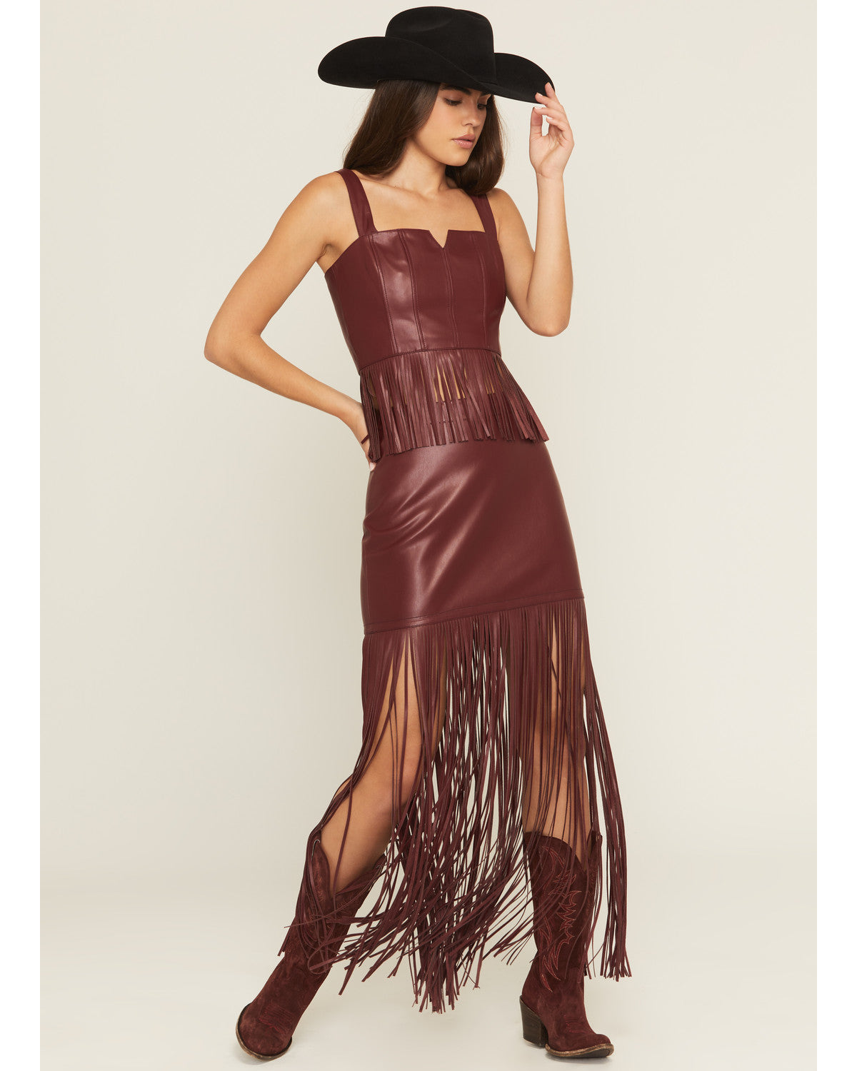 Roycroft Faux Leather Fringe Bustier Top