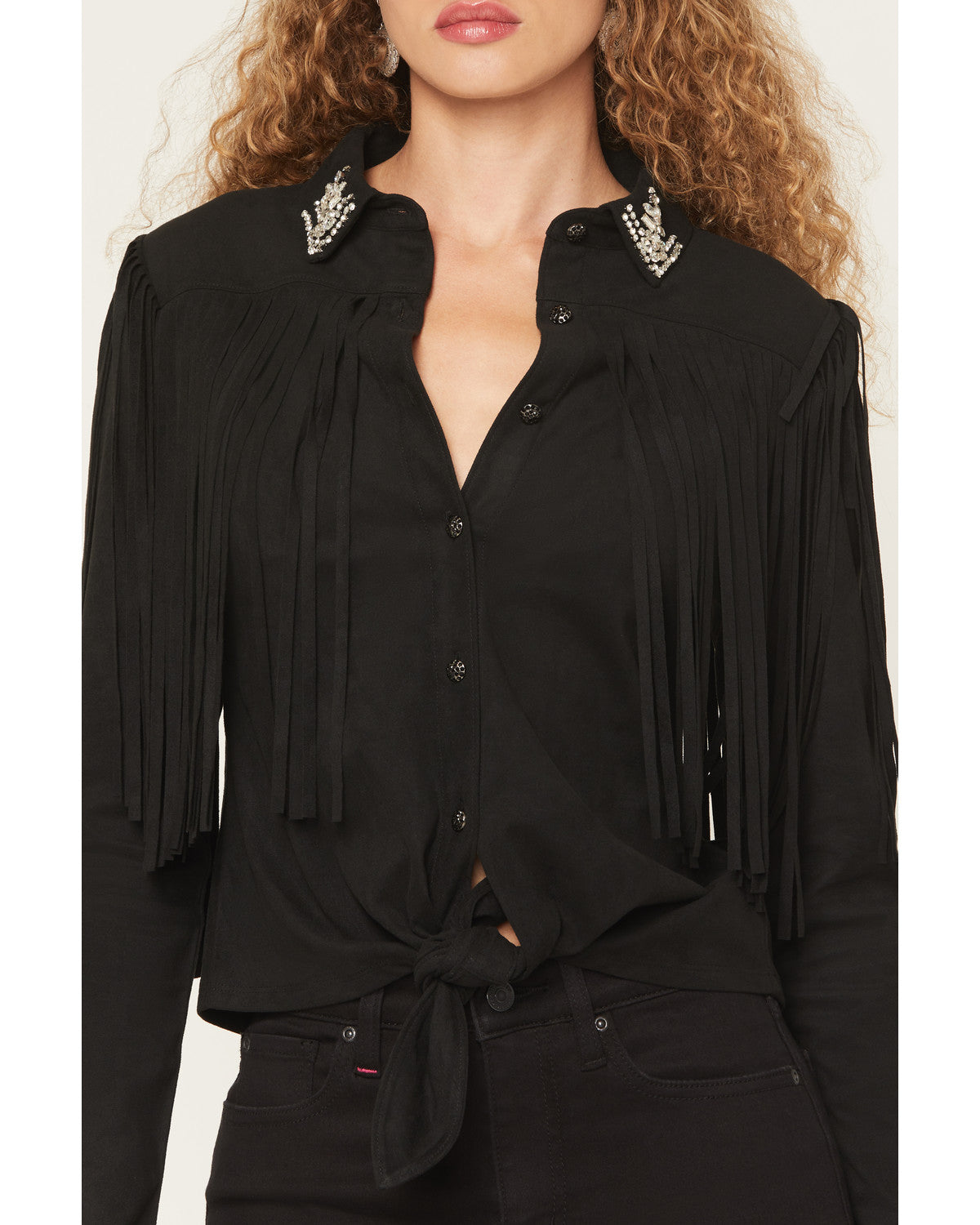Twinpines Faux Suede Fringe Embellished Long Sleeve Button-Down Wester