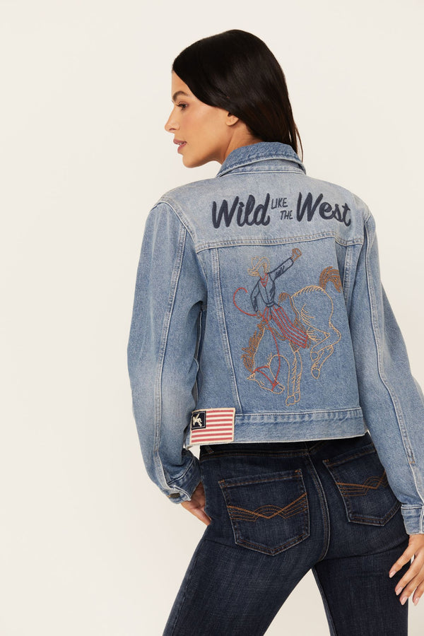 Western Cowboy Embroidered Rigid Medium Wash Trucker Jacket - Medium Wash