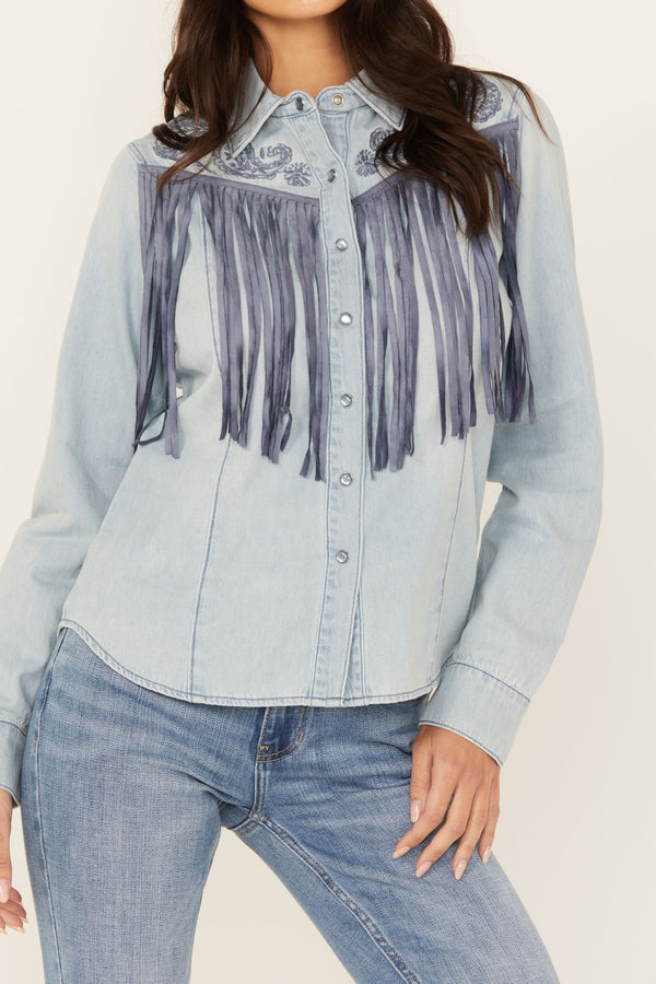 Sutton Embroidered Chambray Fringe Top - Medium Wash