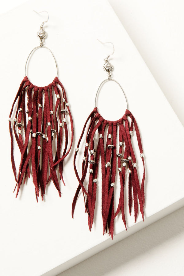 Montoya Leather Fringe Earrings - Red