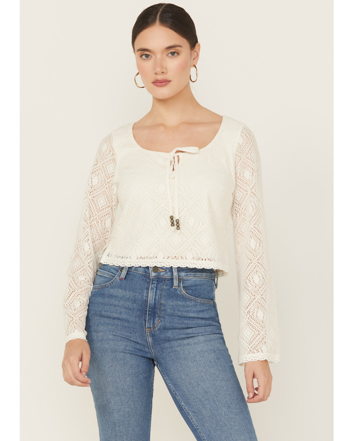 Lacey Scoop Neck Bell Sleeve Crochet Top