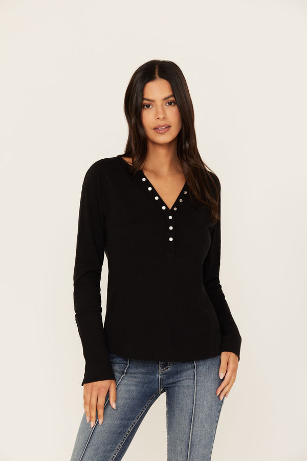 Pearl Knit Henley Shirt - Black