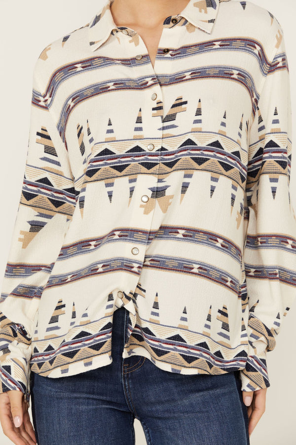 Featherlight Printed Long Sleeve Pearl Snap Western Shirt - Ivory