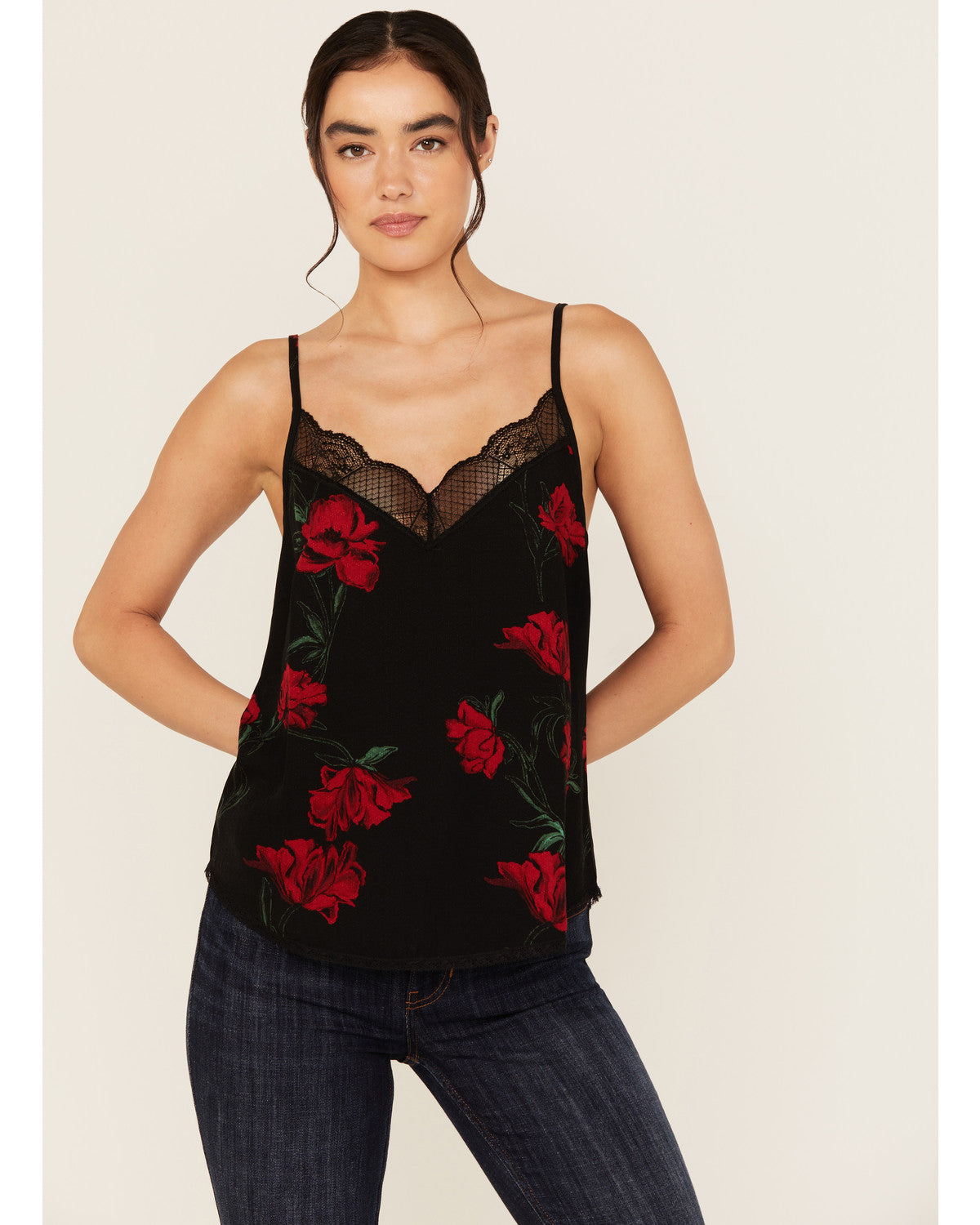 Chase Floral Print Lace Trim Cami Tank