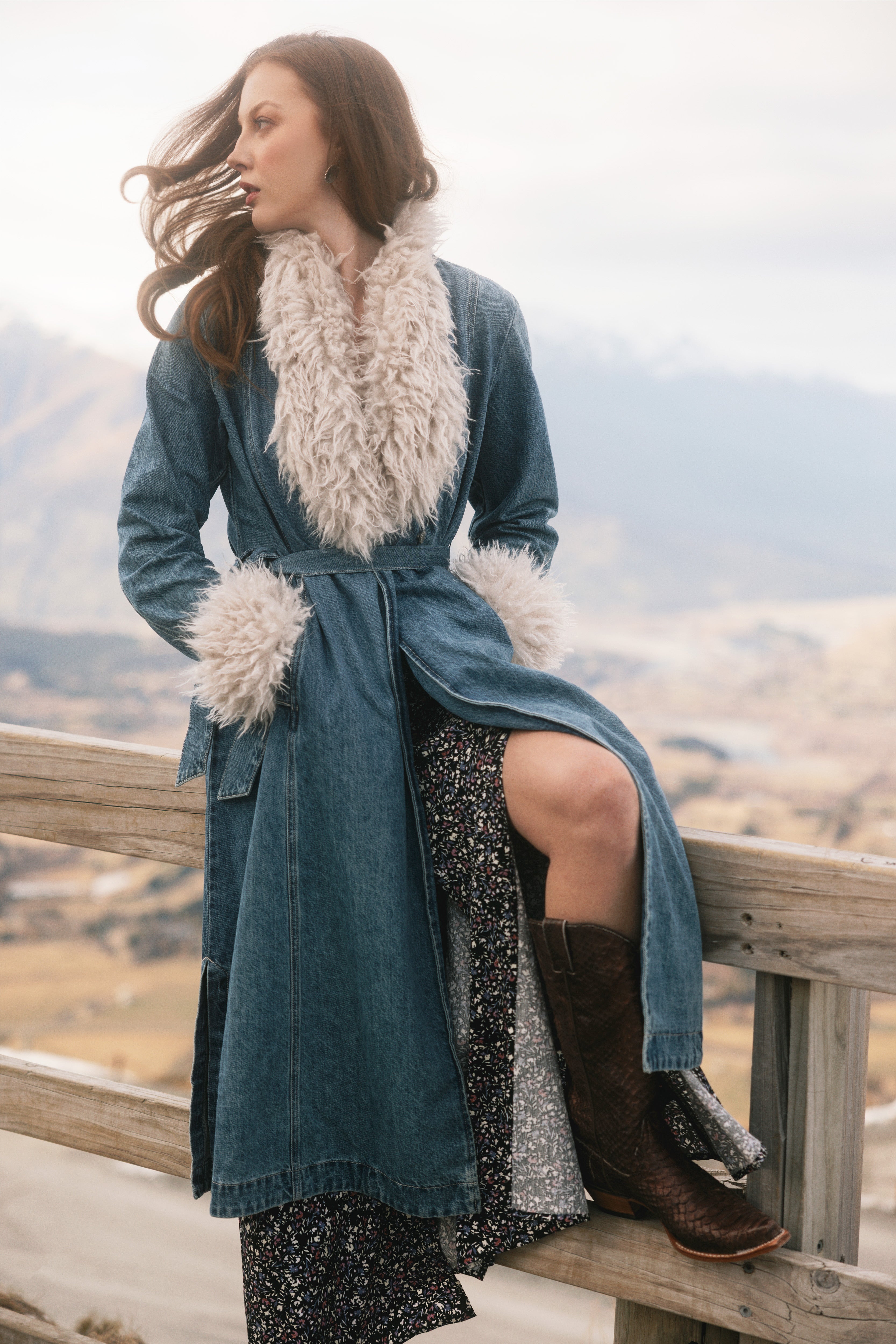 Thistle Long Denim Fur Collar Trench Coat