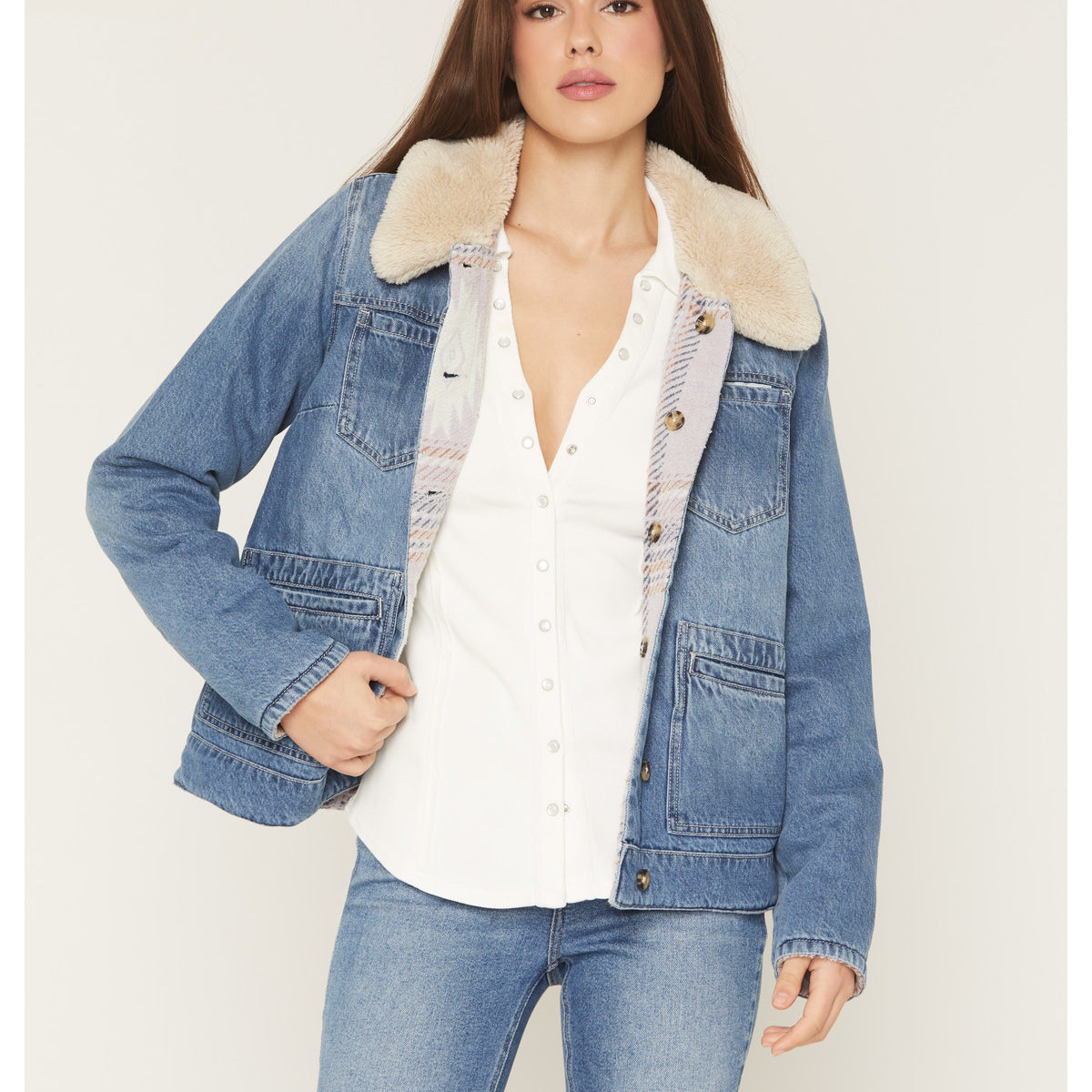 Medium Wash Reversible Sherpa Blanket Denim Jacket